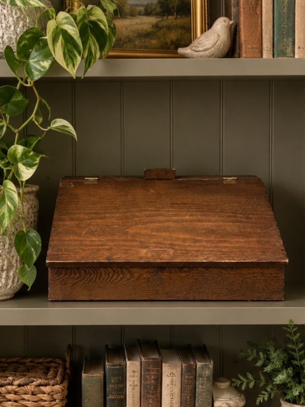 Rustic Wooden Sloped Top Desk Document Writing Box Soap Display Brown Storage